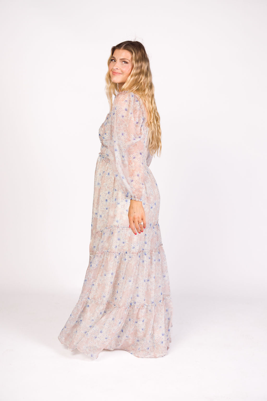 Daphne Long Sleeve Maxi Dress in Beige/Blue Floral - Bump Friendly & Inclusive Sizing (XS-3XL)