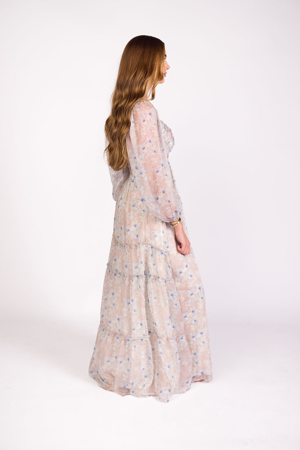 Daphne Long Sleeve Maxi Dress in Beige/Blue Floral - Bump Friendly & Inclusive Sizing (XS-3XL)