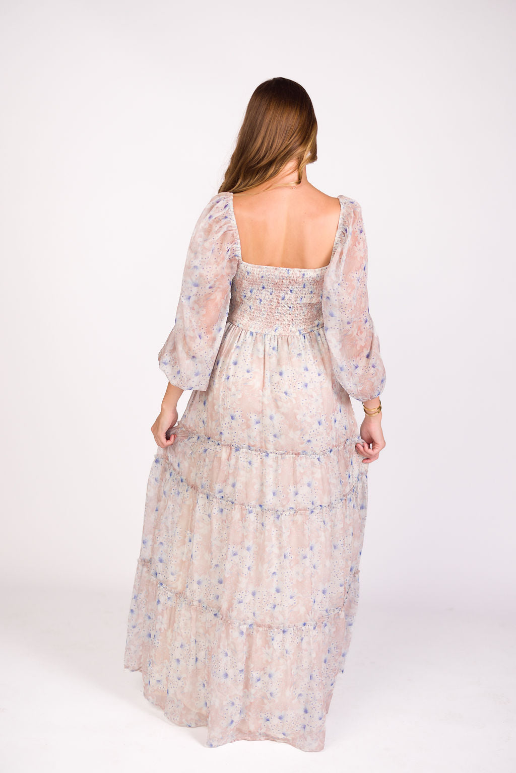 Daphne Long Sleeve Maxi Dress in Beige/Blue Floral - Bump Friendly & Inclusive Sizing (XS-3XL)