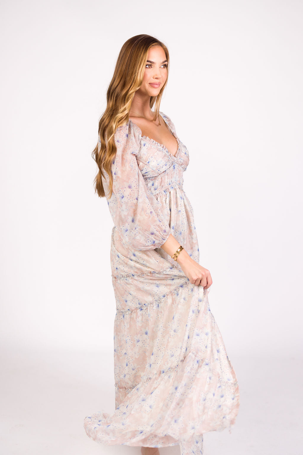 Daphne Long Sleeve Maxi Dress in Beige/Blue Floral - Bump Friendly & Inclusive Sizing (XS-3XL)