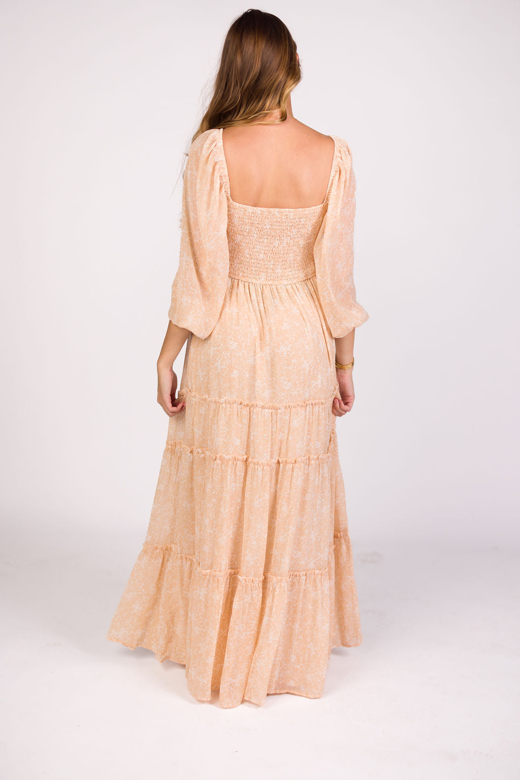 Daphne Long Sleeve Maxi Dress in Light Beige/White Floral - Bump Friendly & Inclusive Sizing (XS-3XL)