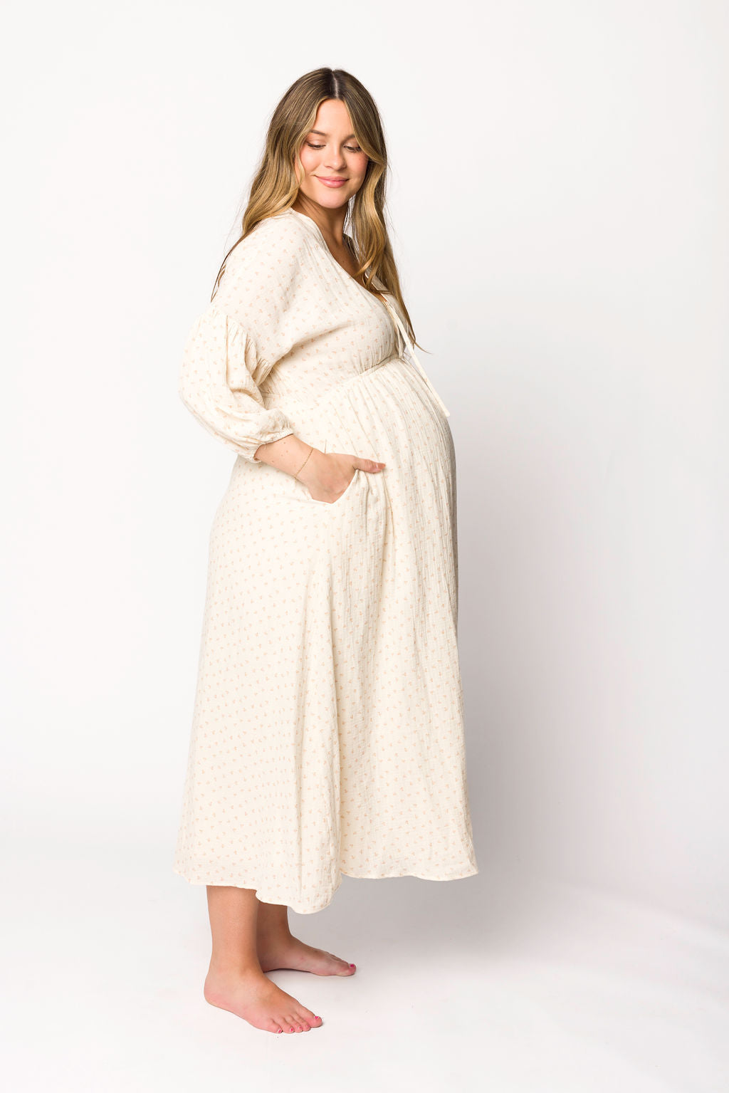 Hunter 100% Cotton Gauze Midi Dress in Natural/Brown Floral Bump Friendly (Fully Lined)