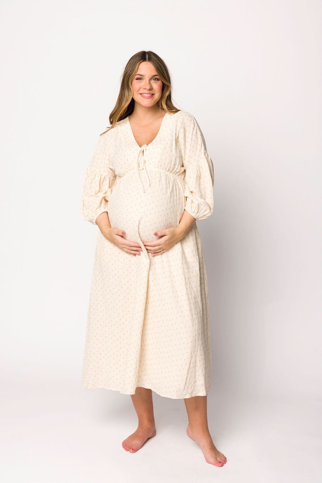 Hunter 100% Cotton Gauze Midi Dress in Natural/Brown Floral Bump Friendly (Fully Lined)