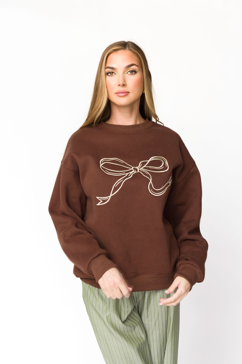 Claire Embroidered Bow Sweatshirt in Chocolate