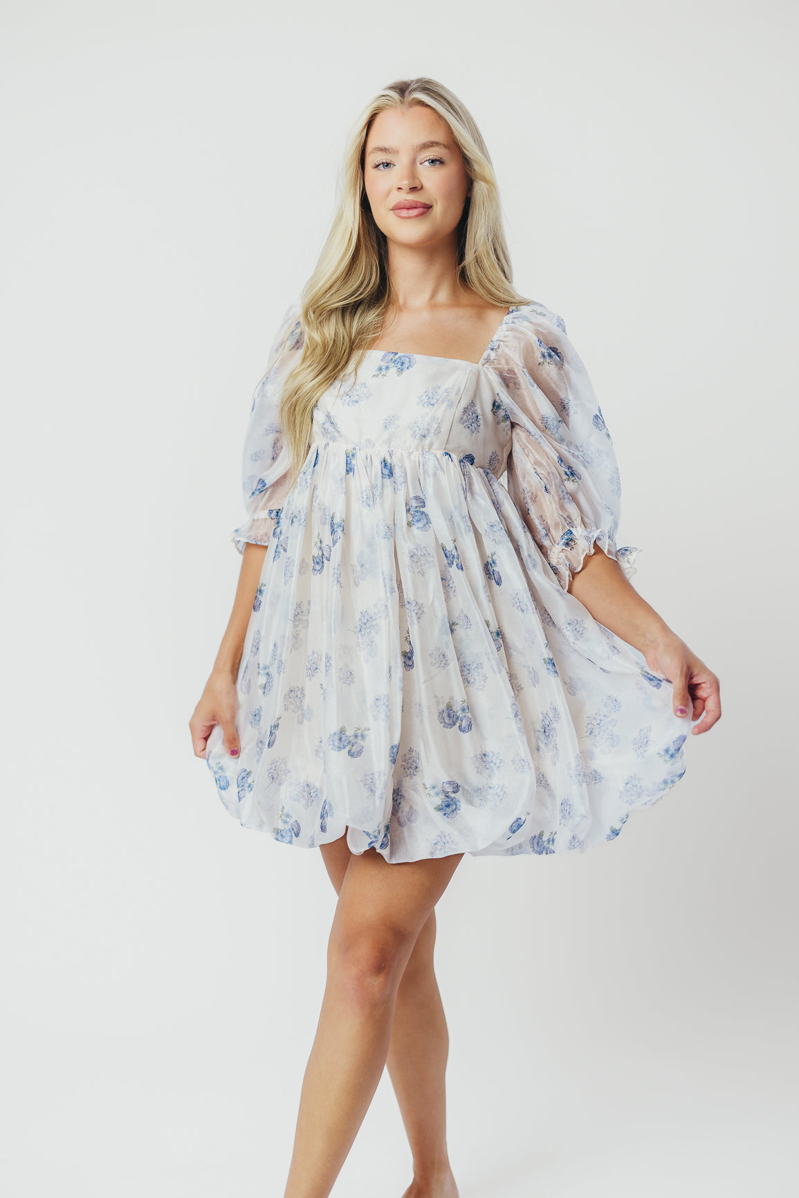Chase Bubble Hem Mini Dress in White/Periwinkle