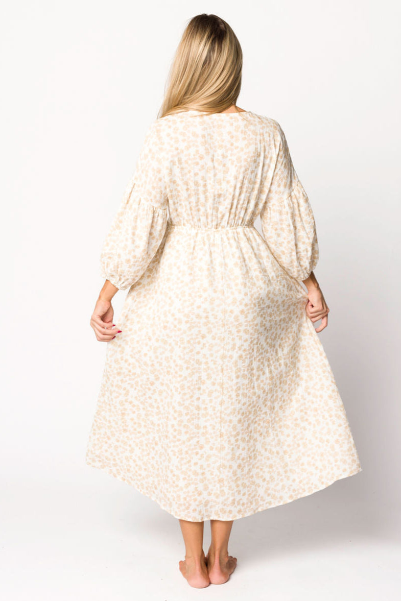 Hunter 100% Cotton Gauze Midi Dress in Natural/Fawn Floral - Bump Friendly
