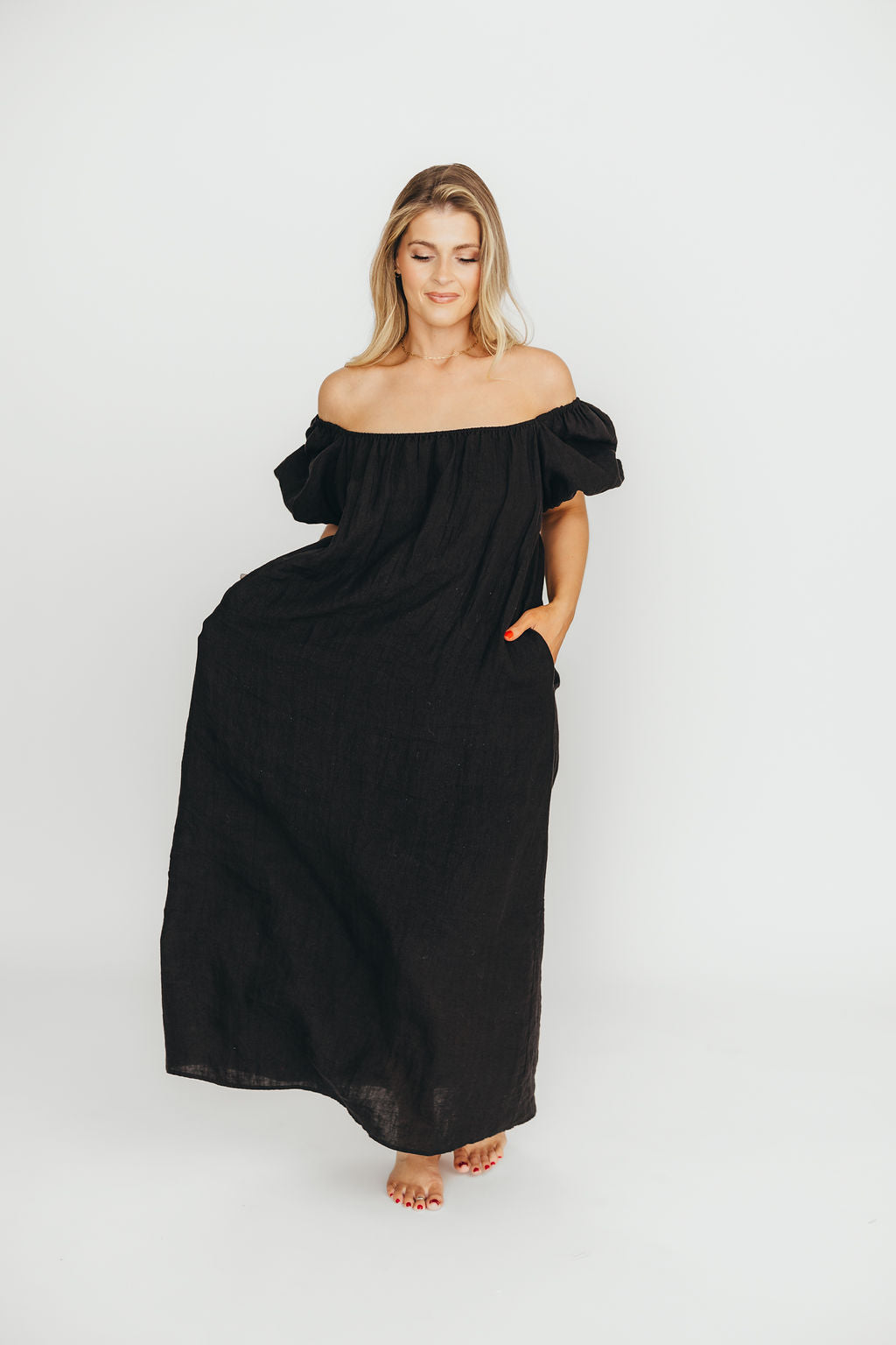 Genoa 100% Linen Maxi Dress in Black - Bump Friendly