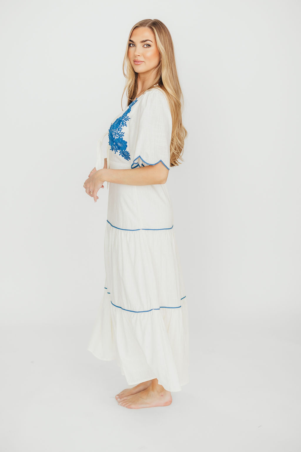Lena Embroidered Tiered Midi Dress in Off-White/Blue