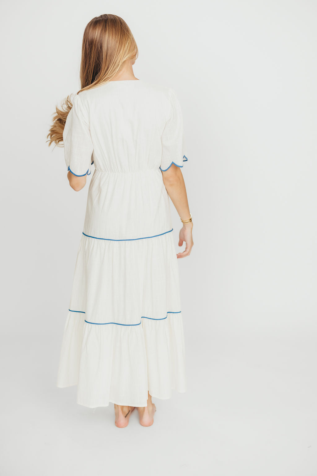 Lena Embroidered Tiered Midi Dress in Off-White/Blue