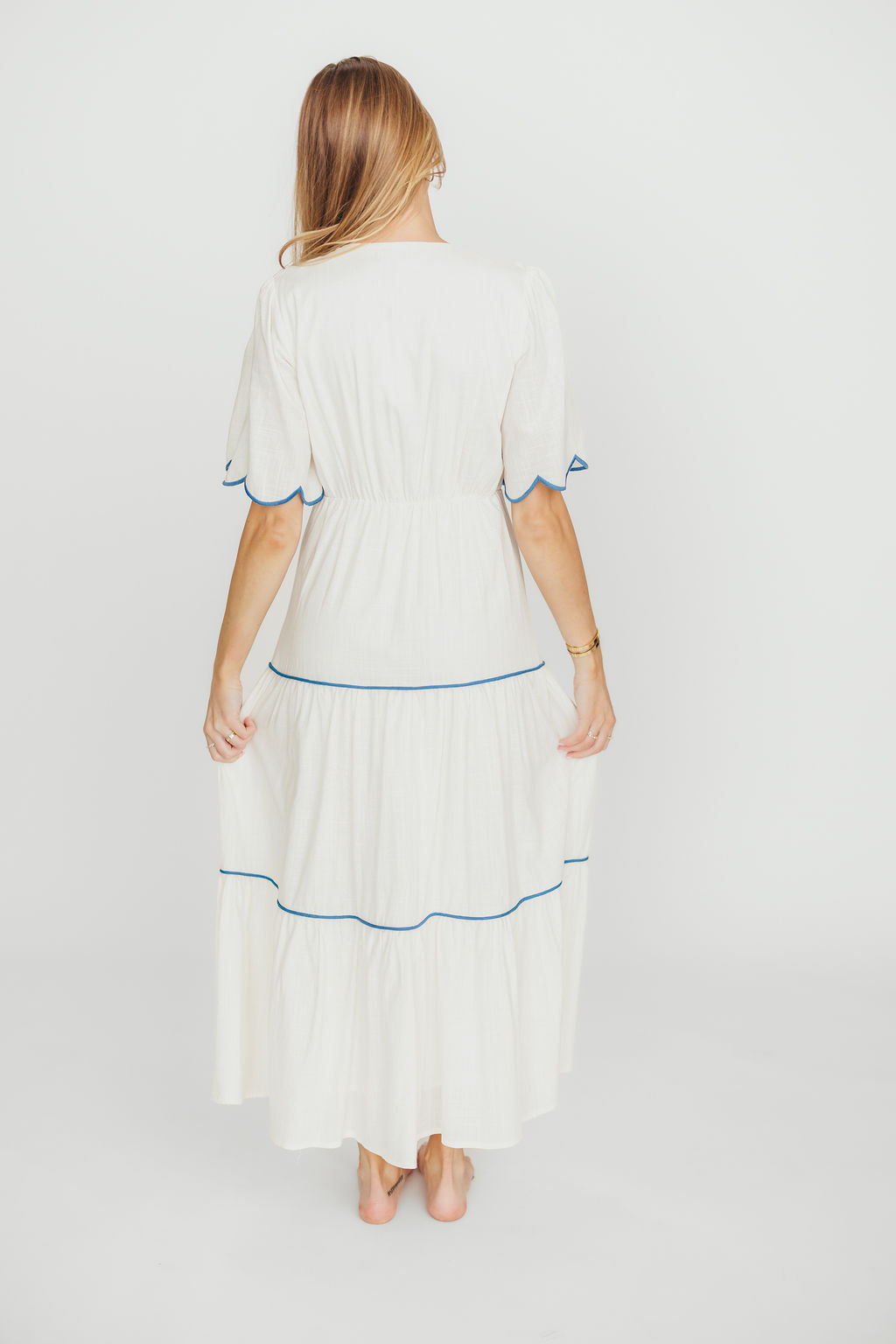 Lena Embroidered Tiered Midi Dress in Off-White/Blue