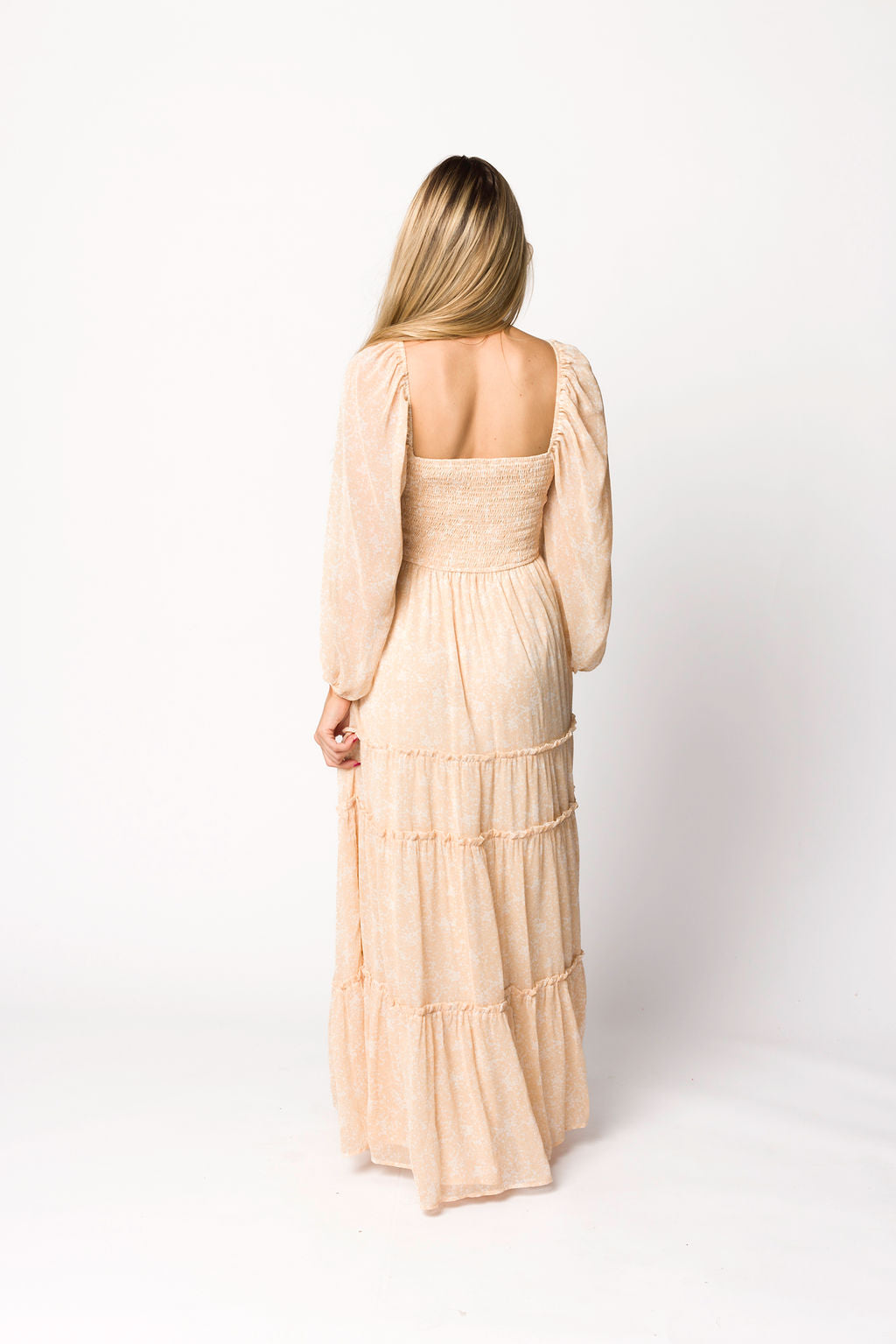 Daphne Long Sleeve Maxi Dress in Light Beige/White Floral - Bump Friendly & Inclusive Sizing (XS-3XL)