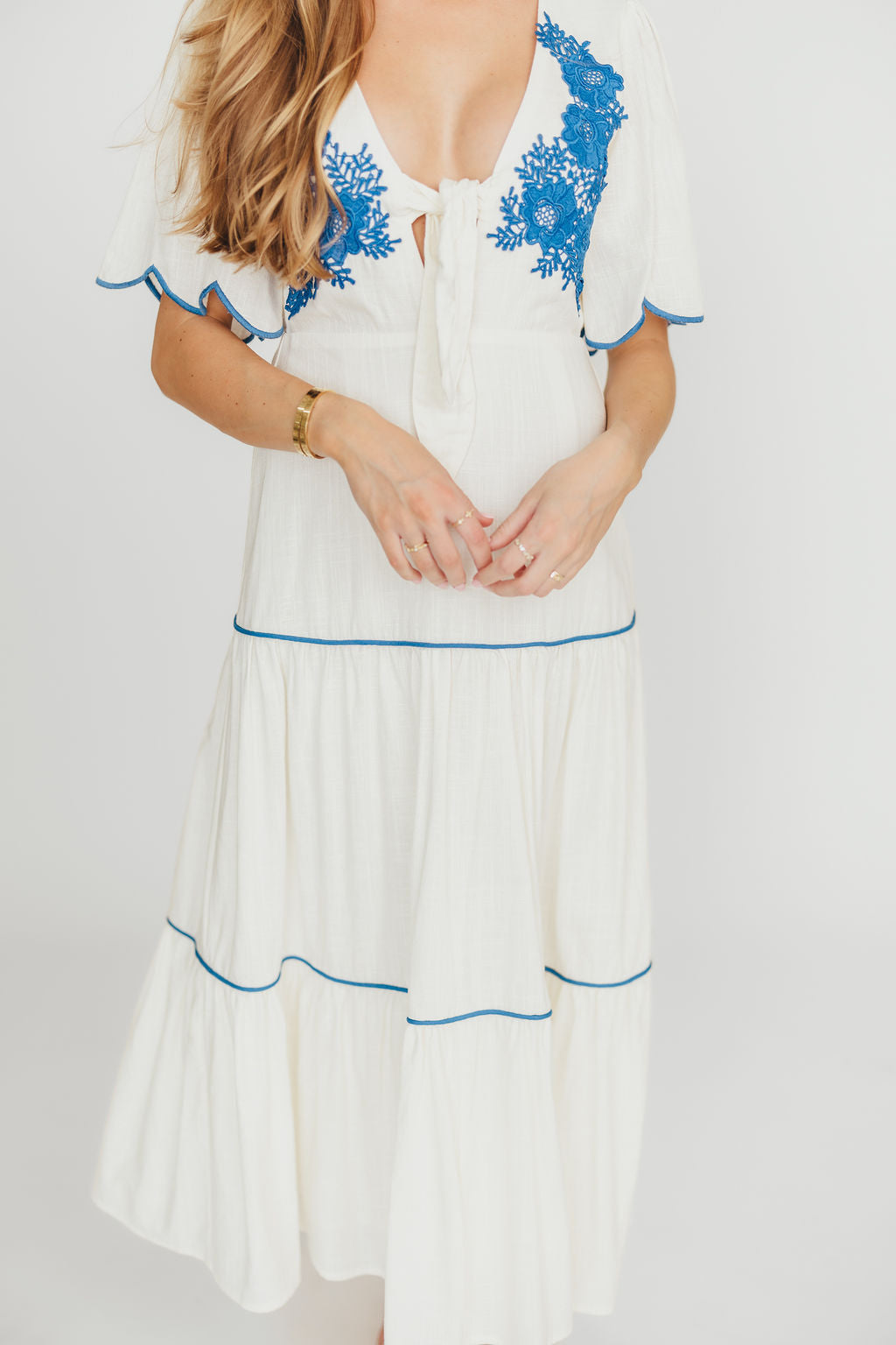 Lena Embroidered Tiered Midi Dress in Off-White/Blue