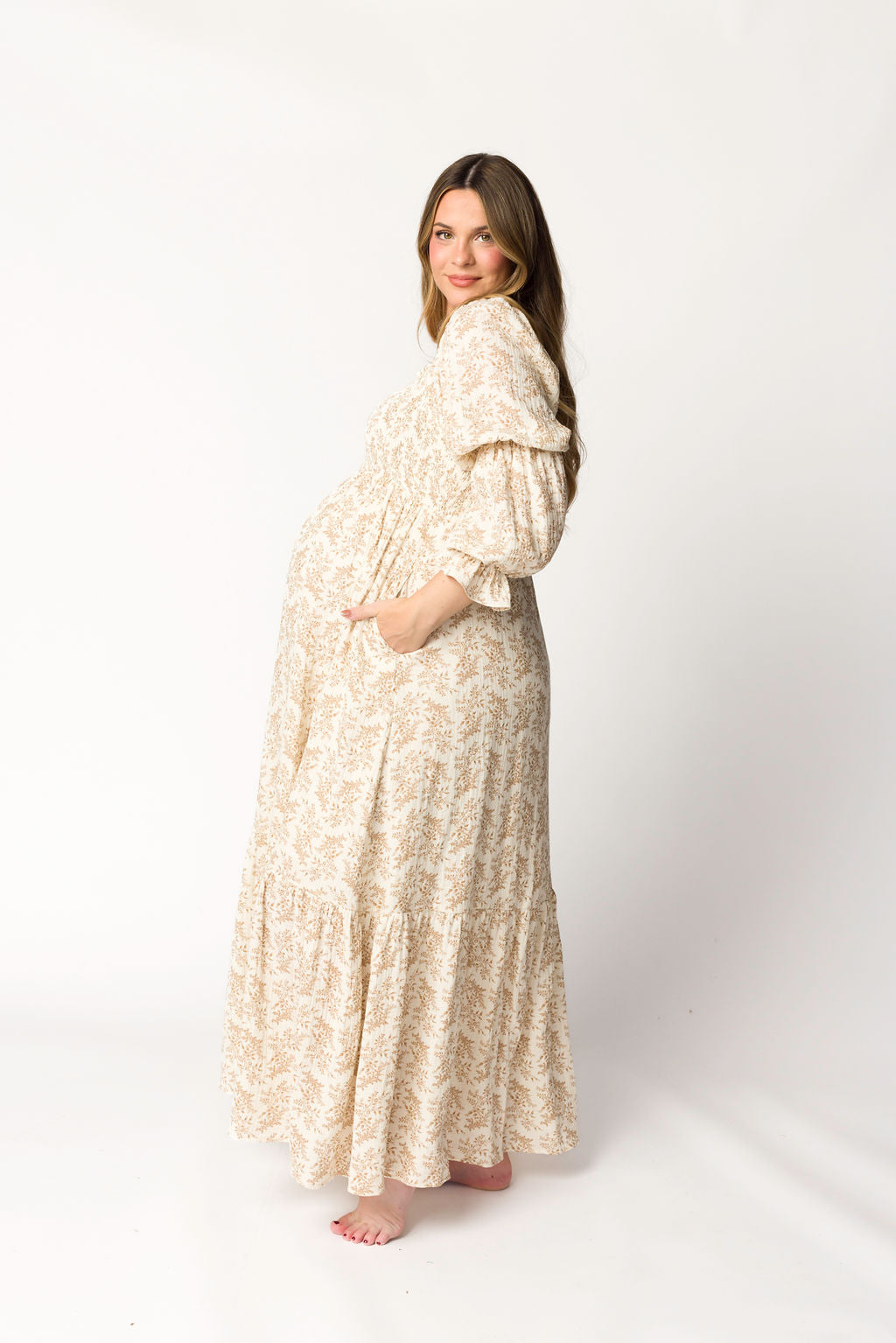 Emerson 100% Cotton Gauze Maxi Dress in Natural/Tan Floral - Bump Friendly
