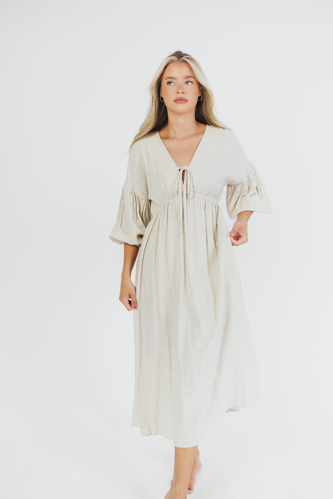 Hunter Linen-Blend Midi Dress in Greige - Bump Friendly *9/22 PRE-ORDER*