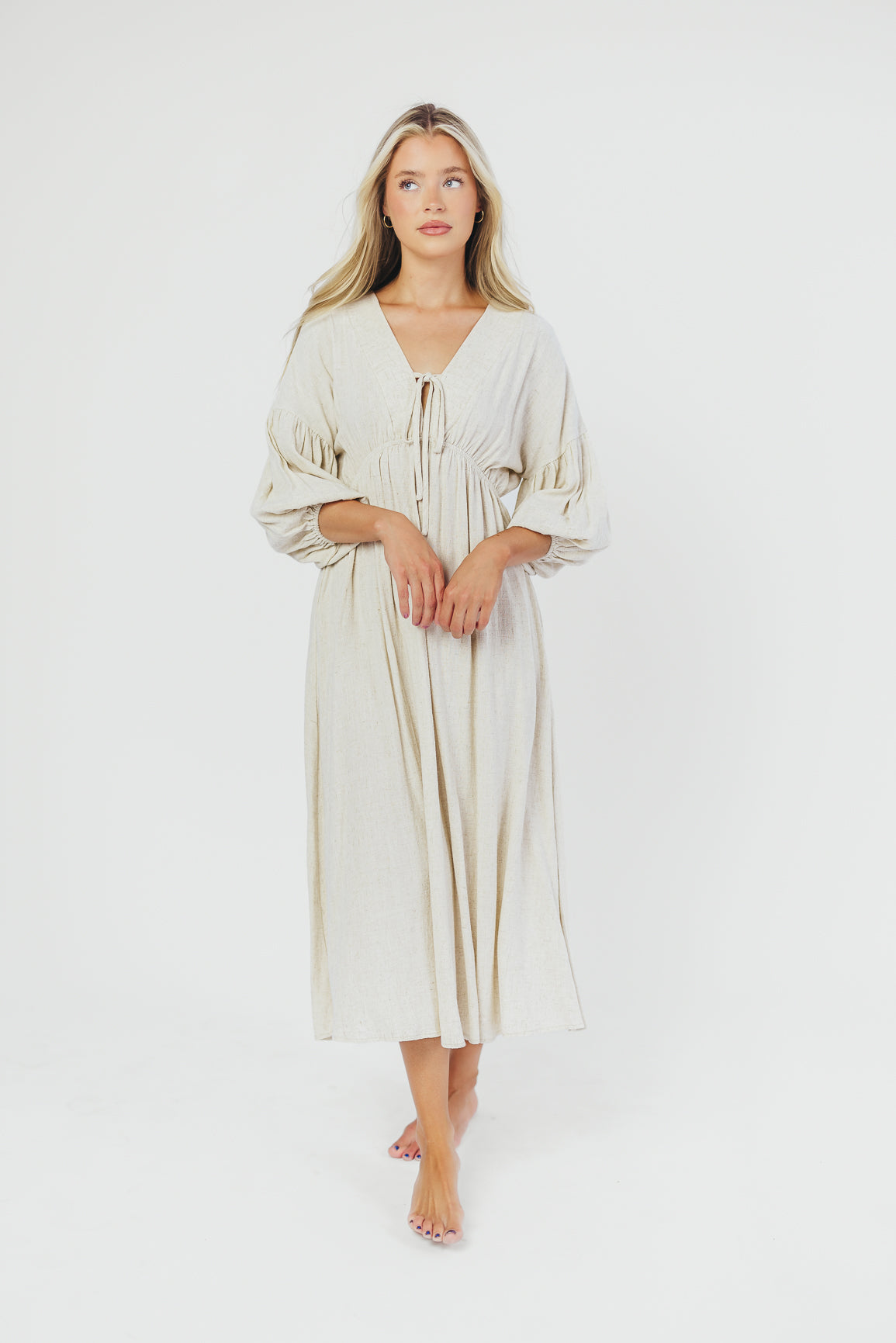 Hunter Linen-Blend Midi Dress in Greige - Bump Friendly *9/22 PRE-ORDER*