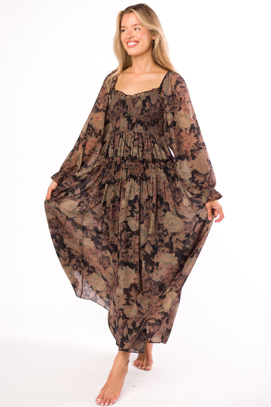 Blaine Smocked Maxi Dress in Black Floral