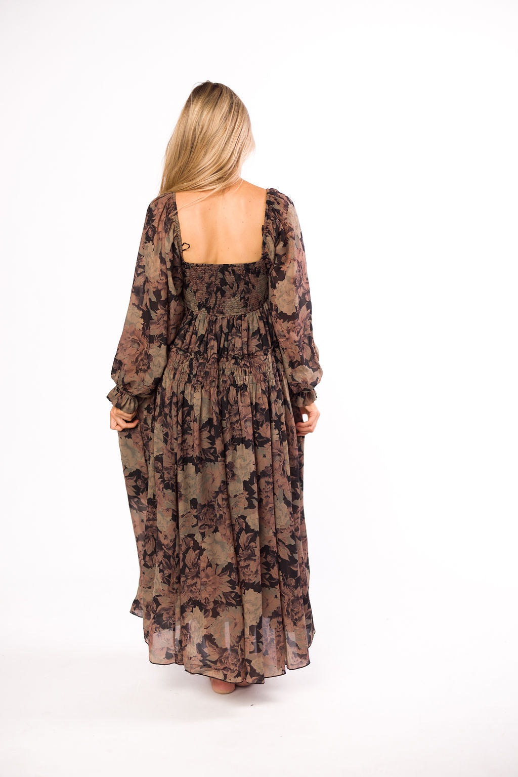 Blaine Smocked Maxi Dress in Black Floral