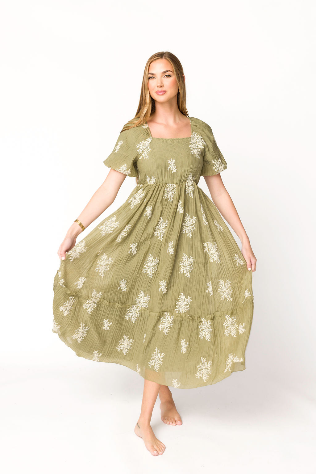 Hallie Embroidered Maxi Dress in Olive - Bump Friendly & Inclusive Sizing (S-3XL)