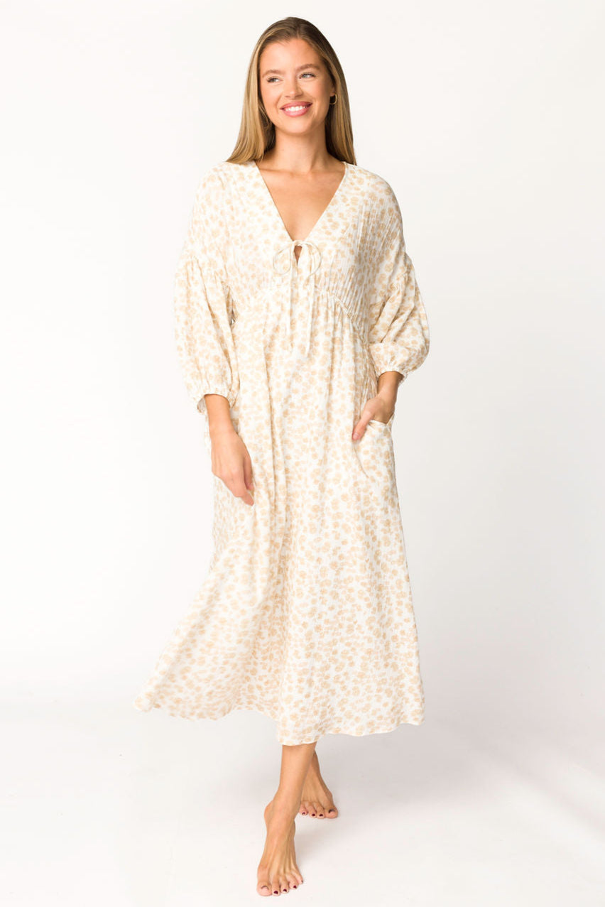 Hunter 100% Cotton Gauze Midi Dress in Natural/Fawn Floral - Bump Friendly