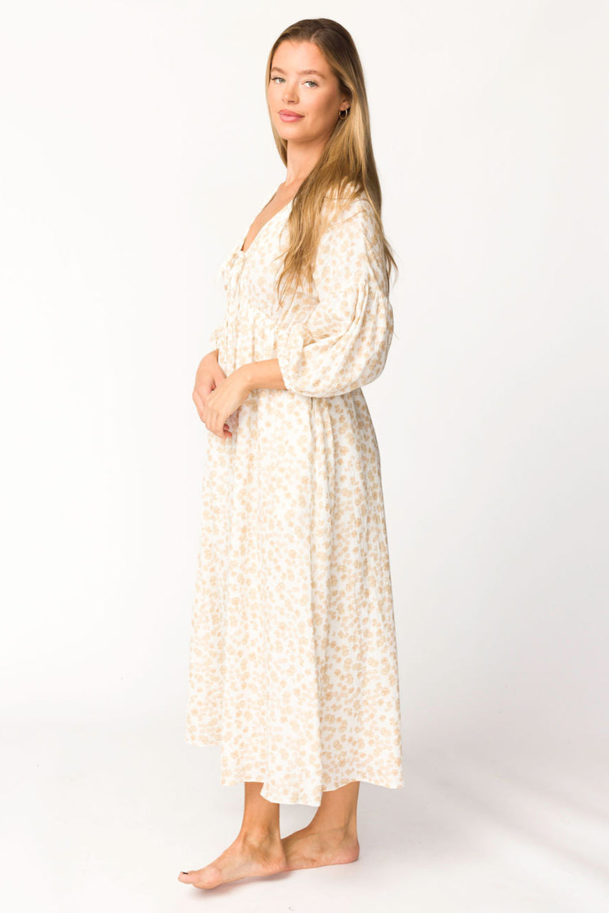 Hunter 100% Cotton Gauze Midi Dress in Natural/Fawn Floral - Bump Friendly