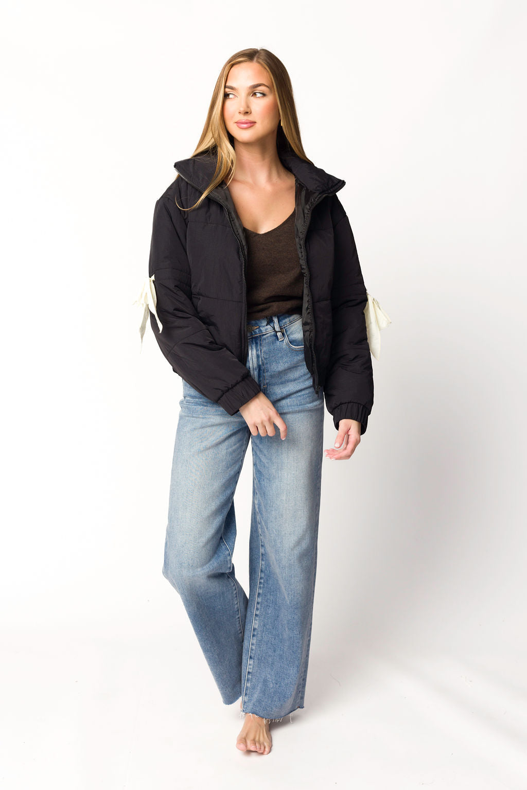 Andy Bow Cropped Puffer Jacket in Black