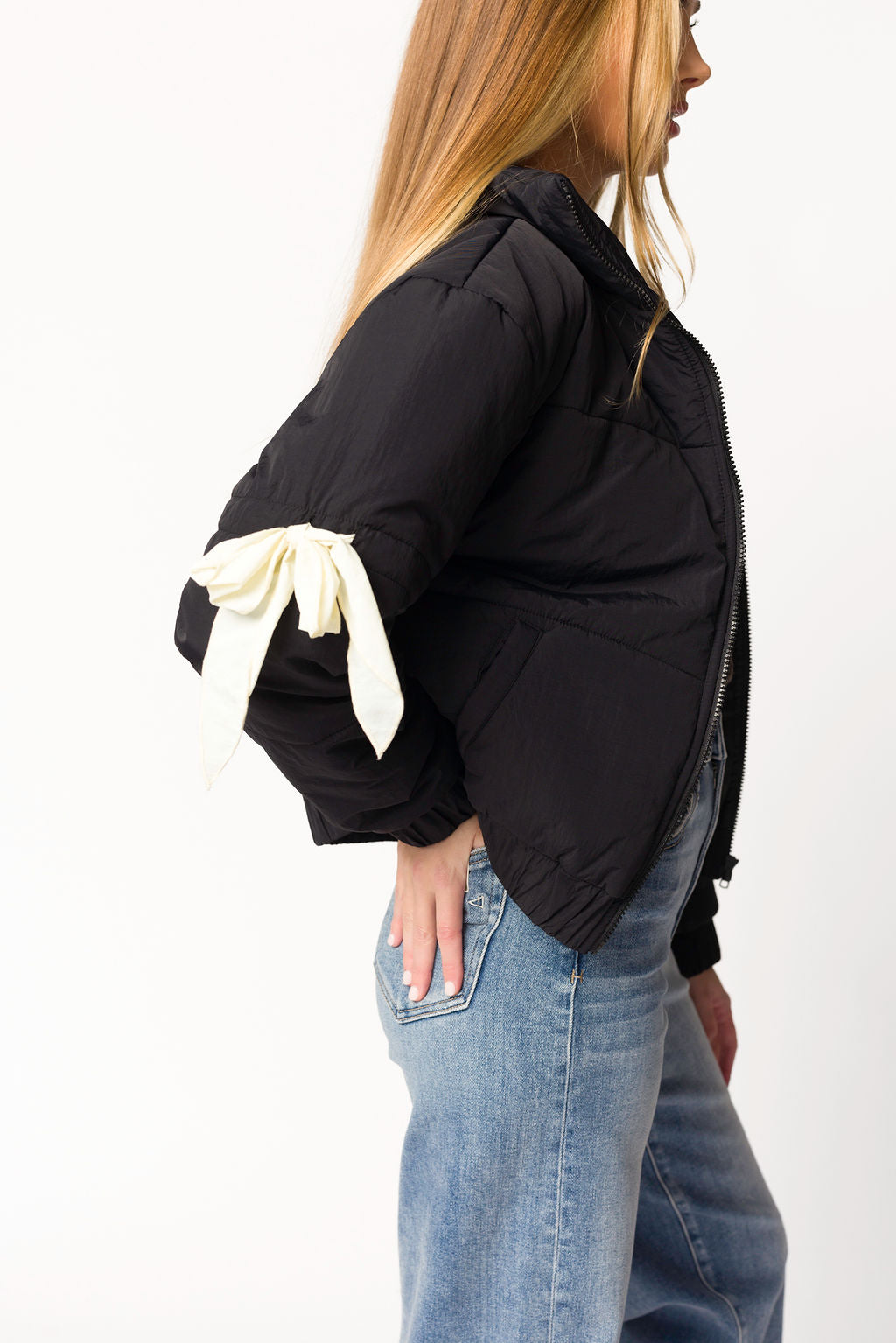 Andy Bow Cropped Puffer Jacket in Black