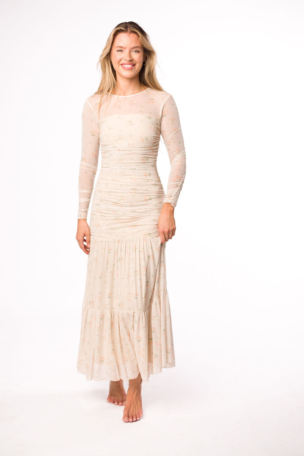 Camille Mesh Gathered Side Seam Maxi Dress in Nude Multi Floral - Bump Friendly