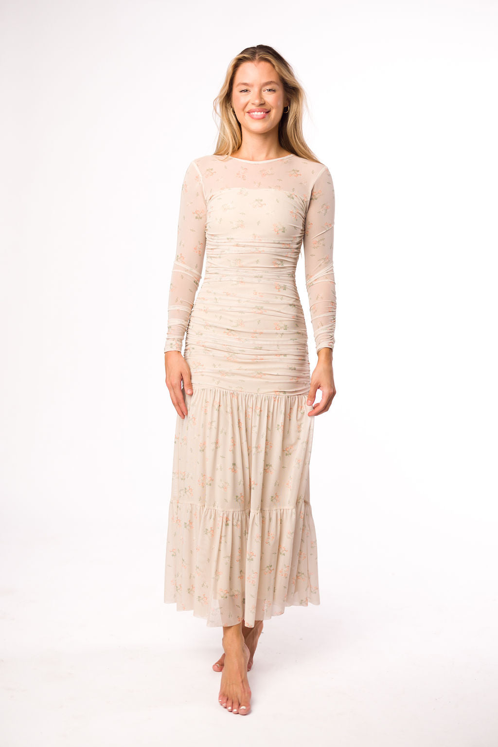 Camille Mesh Gathered Side Seam Maxi Dress in Nude Multi Floral - Bump Friendly