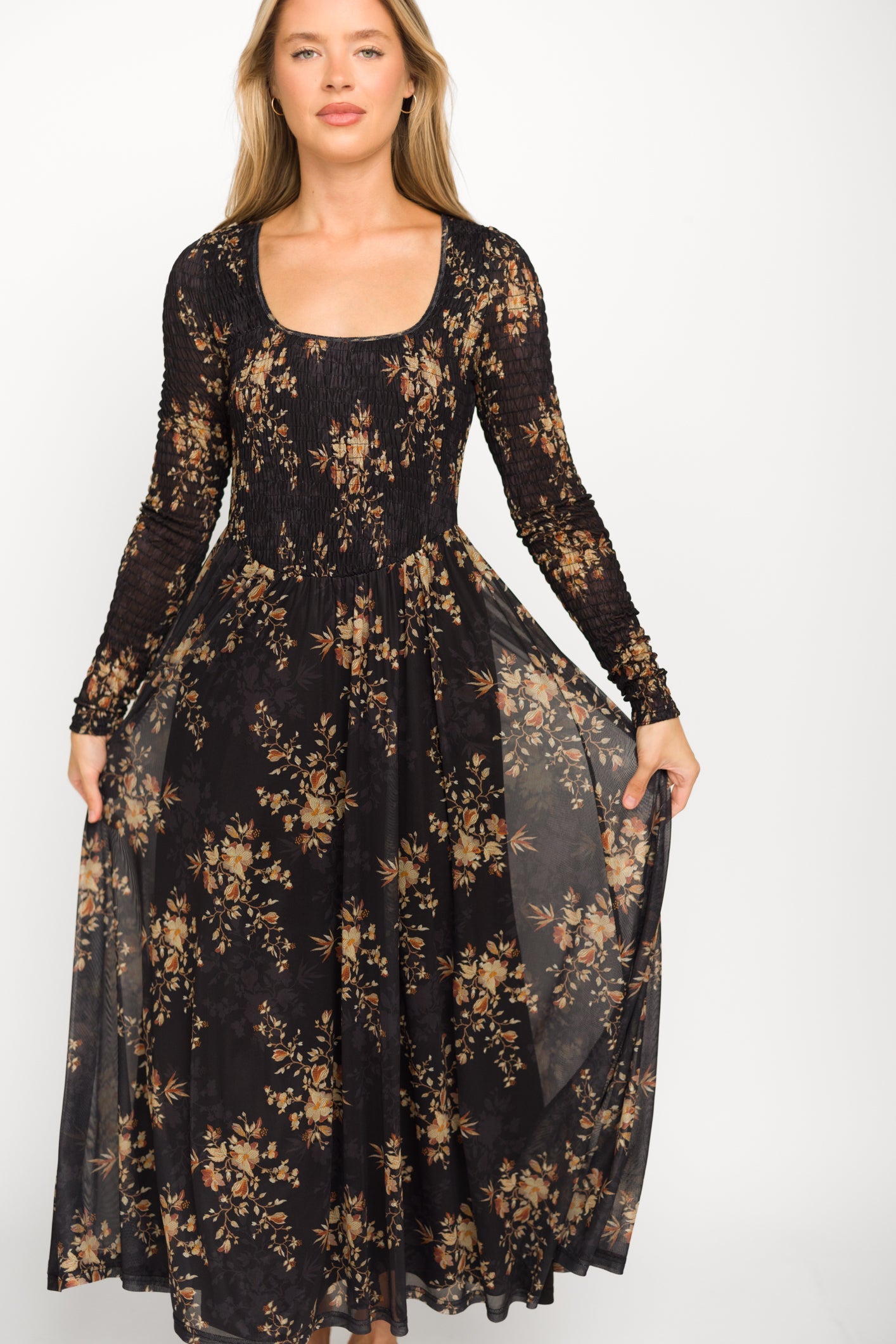 Honor Floral Smocked Woven Maxi Dress in Black - Bump Friendly