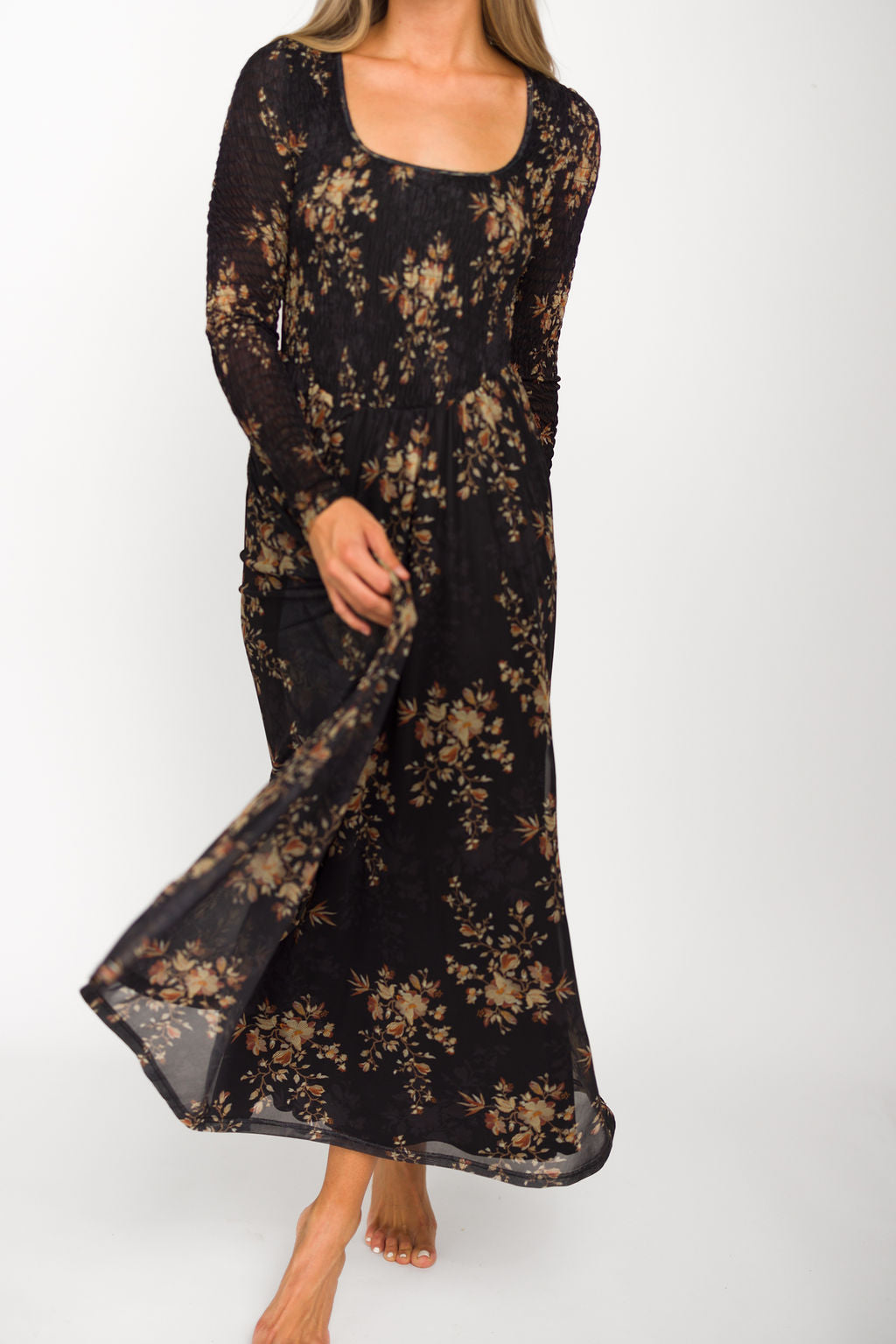 Honor Floral Smocked Woven Maxi Dress in Black - Bump Friendly