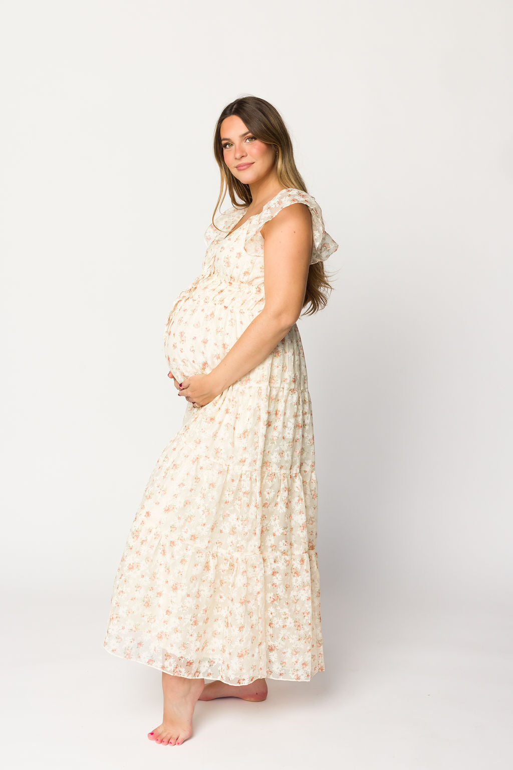 Charming Floral & Gingham Ruffled Maxi Dress in Cream/Peach Floral