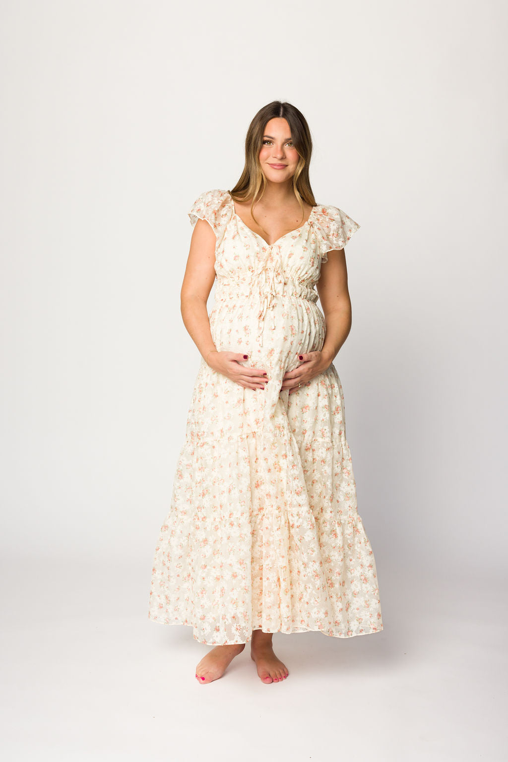 Charming Floral & Gingham Ruffled Maxi Dress in Cream/Peach Floral