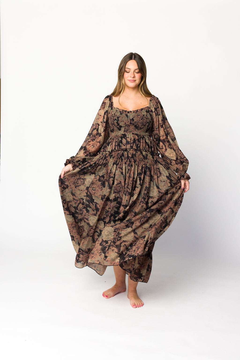 Blaine Smocked Maxi Dress in Black Floral