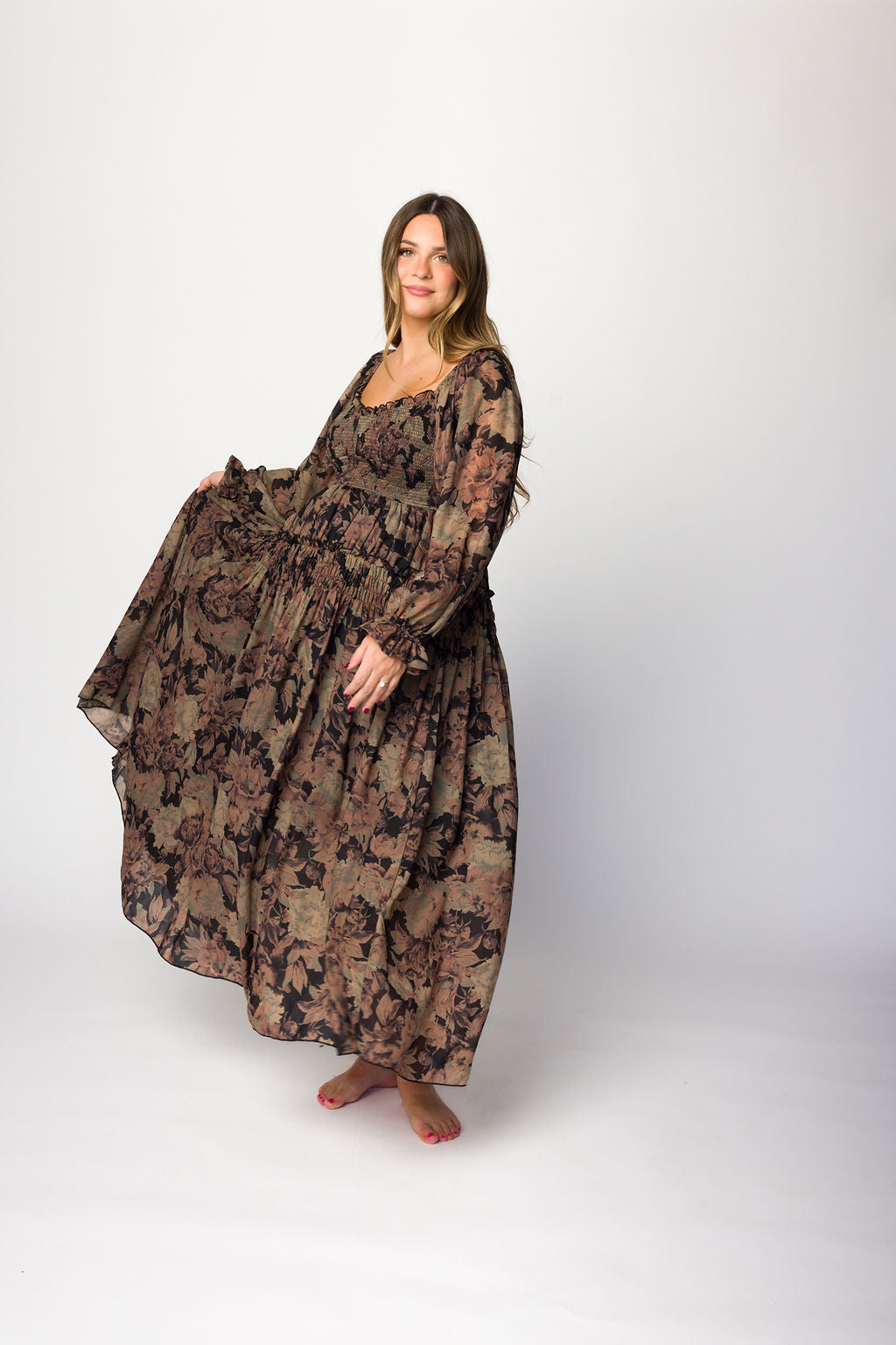 Blaine Smocked Maxi Dress in Black Floral