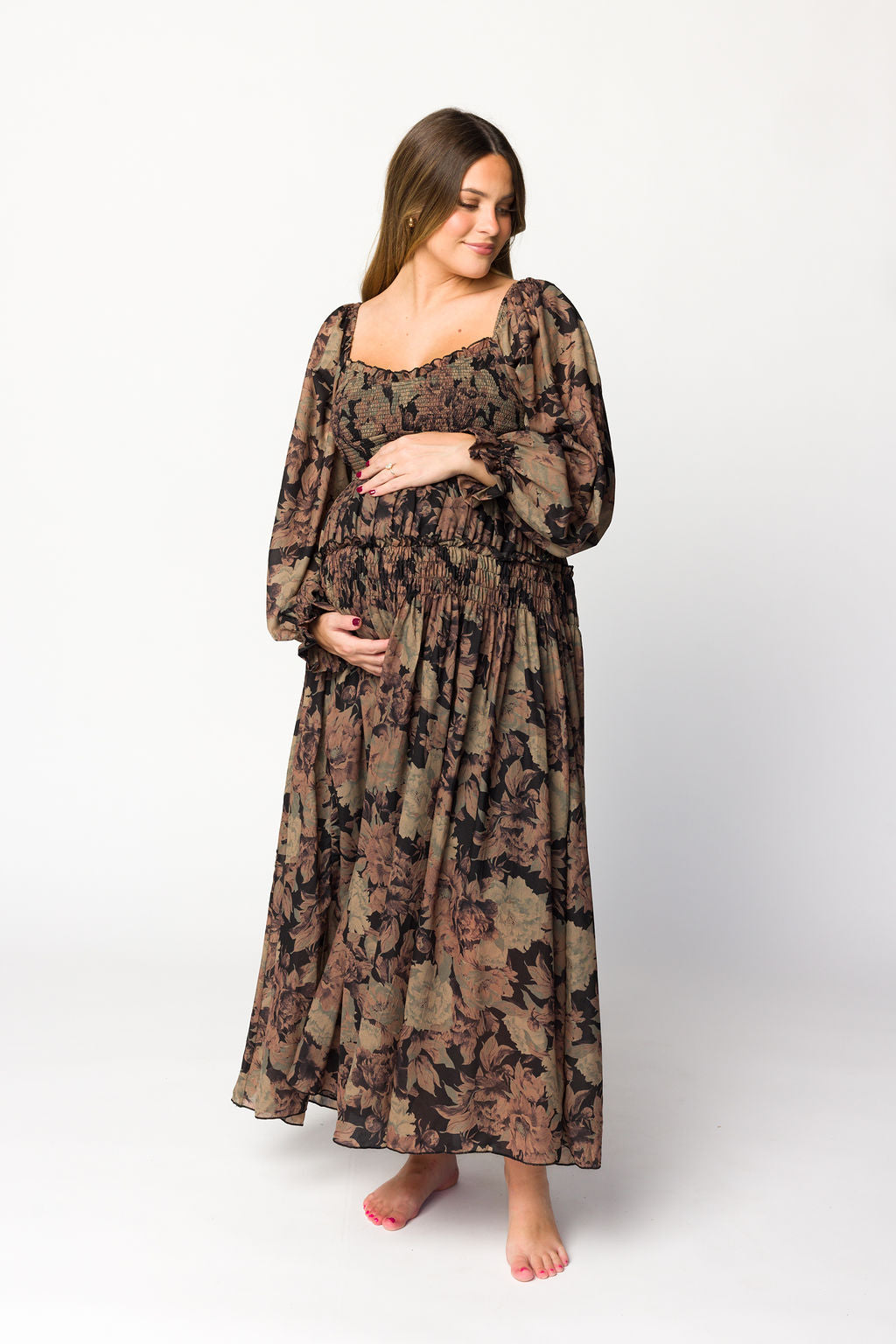 Blaine Smocked Maxi Dress in Black Floral