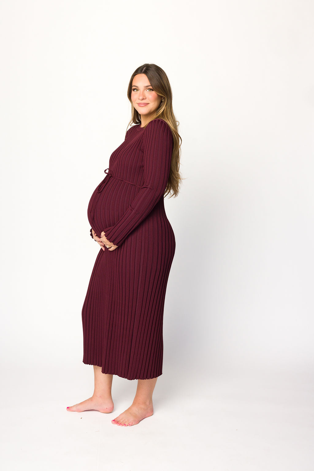 Colette Premium Long Sleeved Ribbed Knit Maxi Dress in Burgundy - Bump Friendly