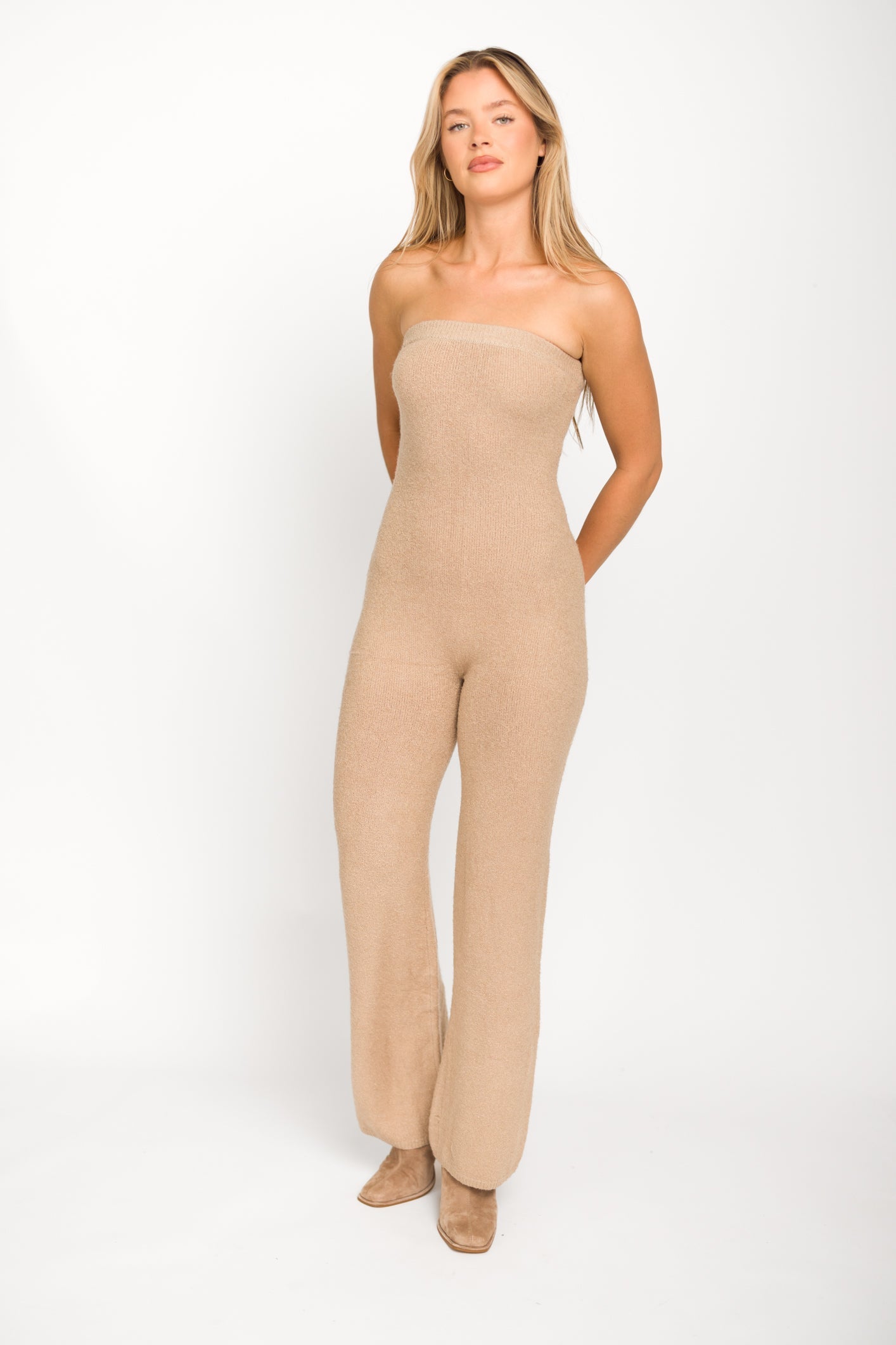 James Strapless Jumpsuit in Tan