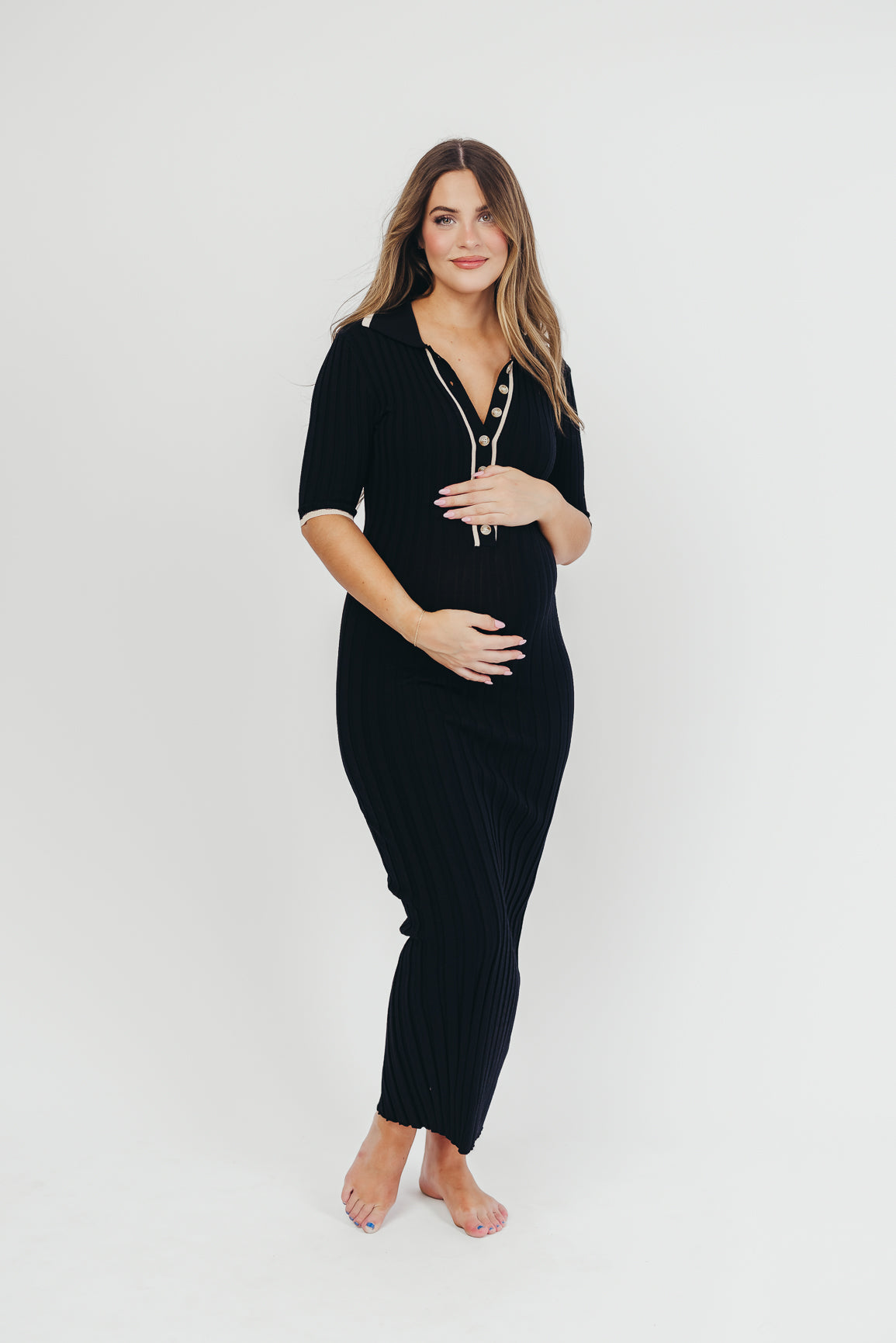 Addie Ribbed Button-Down Maxi Dress in Black - Nursing and Bump Friendly