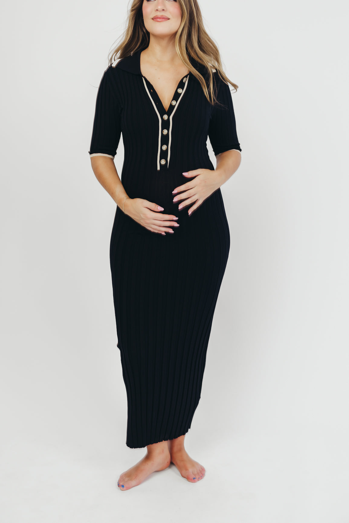 Addie Ribbed Button-Down Maxi Dress in Black - Nursing and Bump Friendly