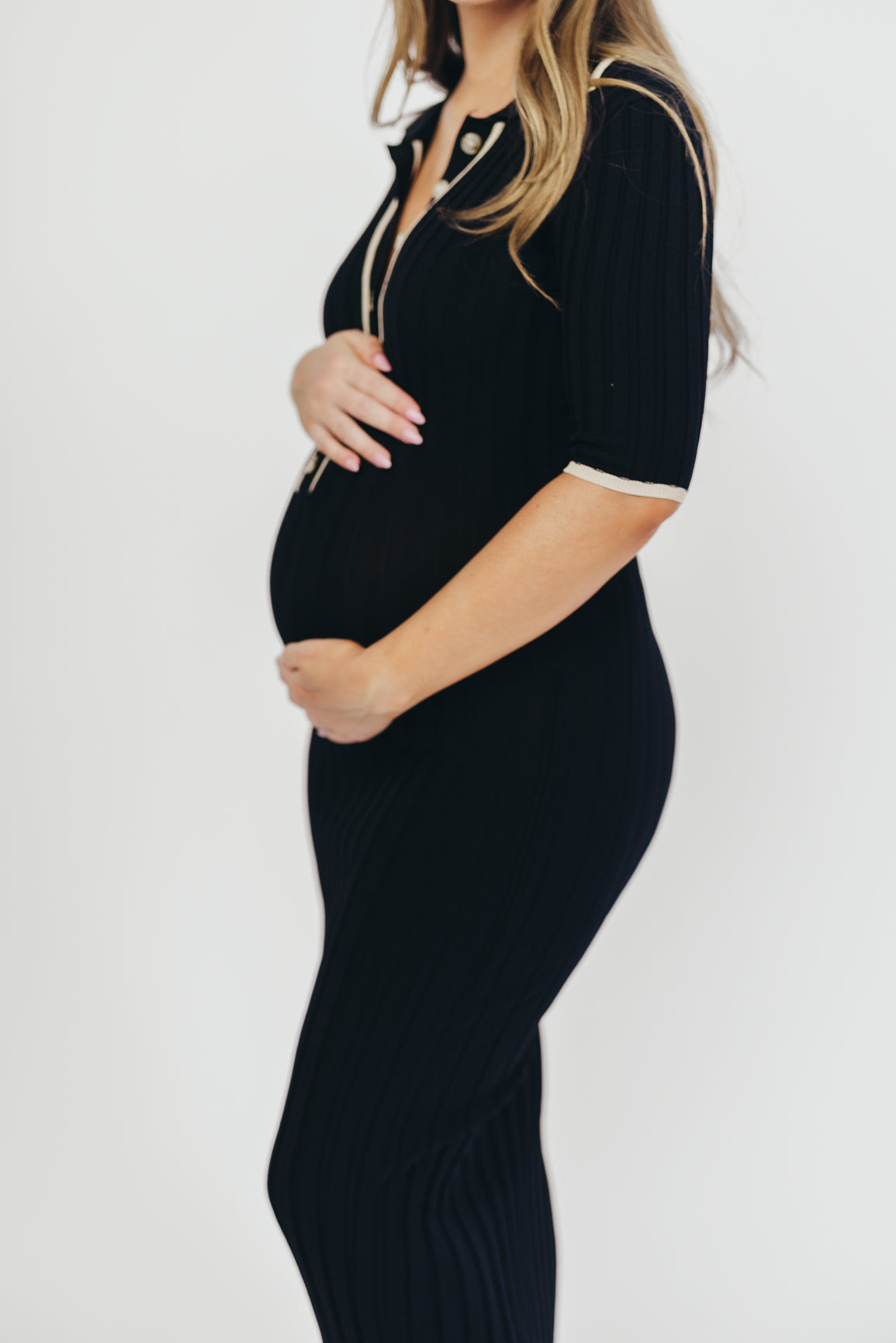 Addie Ribbed Button-Down Maxi Dress in Black - Nursing and Bump Friendly