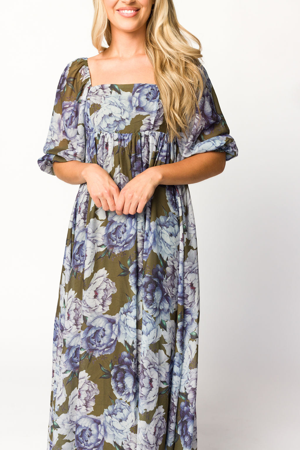 Mona Maxi Dress in Olive/Blue Floral - Bump Friendly *9/30 PRE-ORDER*