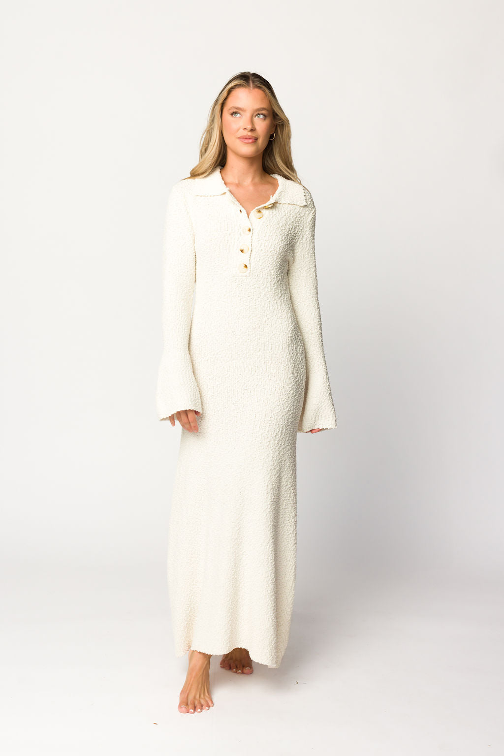 Courtney Boucle Maxi Shirt Dress in Cream- Nursing Friendly