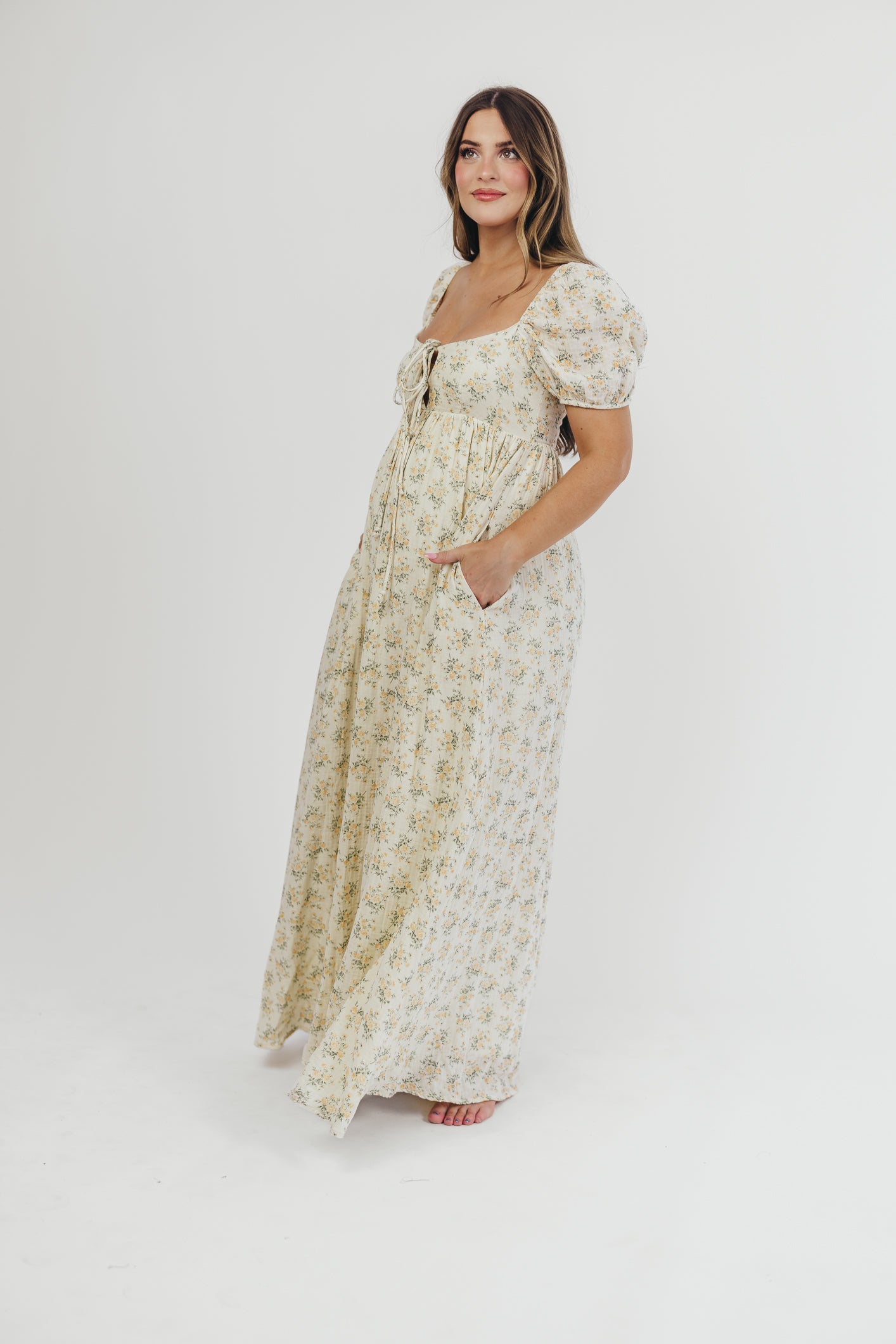Haven 100% Cotton Tie-Front Maxi Dress in Orange/Green Floral - Bump Friendly