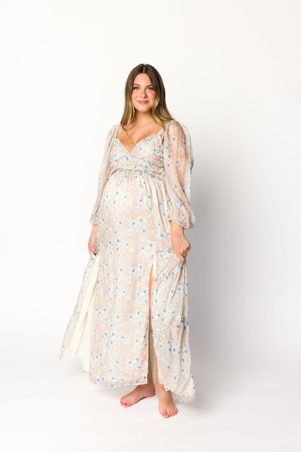 Daphne Long Sleeve Maxi Dress in Beige/Blue Floral - Bump Friendly & Inclusive Sizing (XS-3XL)