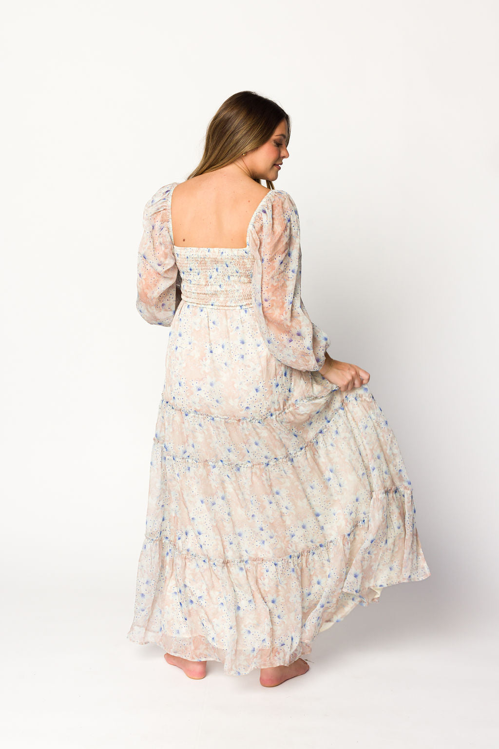 Daphne Long Sleeve Maxi Dress in Beige/Blue Floral - Bump Friendly & Inclusive Sizing (XS-3XL)