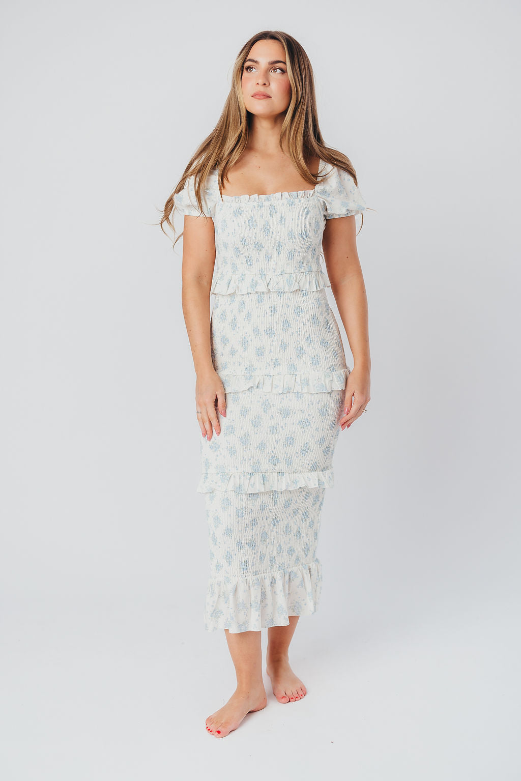 Ada Smocked Dress in Blue Floral- Bump Friendly & Inclusive Sizing (S-3XL)