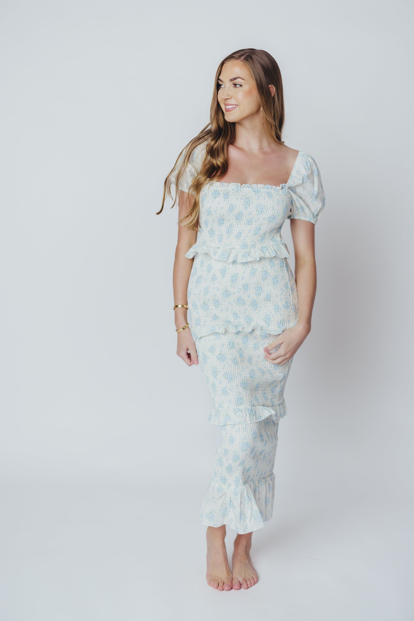 Ada Smocked Dress in Blue Floral- Bump Friendly & Inclusive Sizing (S-3XL)