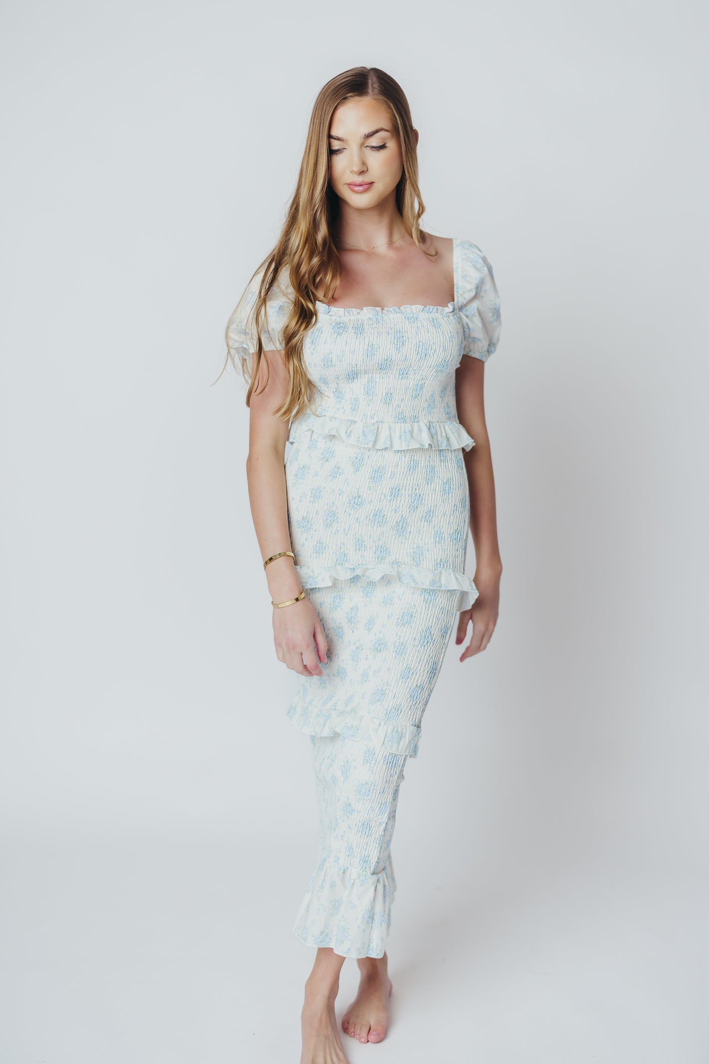 Ada Smocked Dress in Blue Floral- Bump Friendly & Inclusive Sizing (S-3XL)