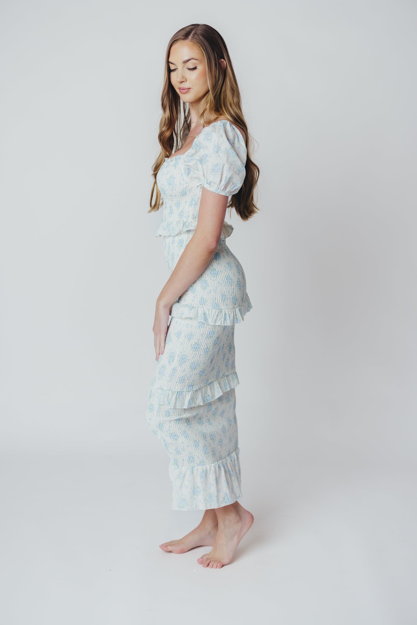 Ada Smocked Dress in Blue Floral- Bump Friendly & Inclusive Sizing (S-3XL)