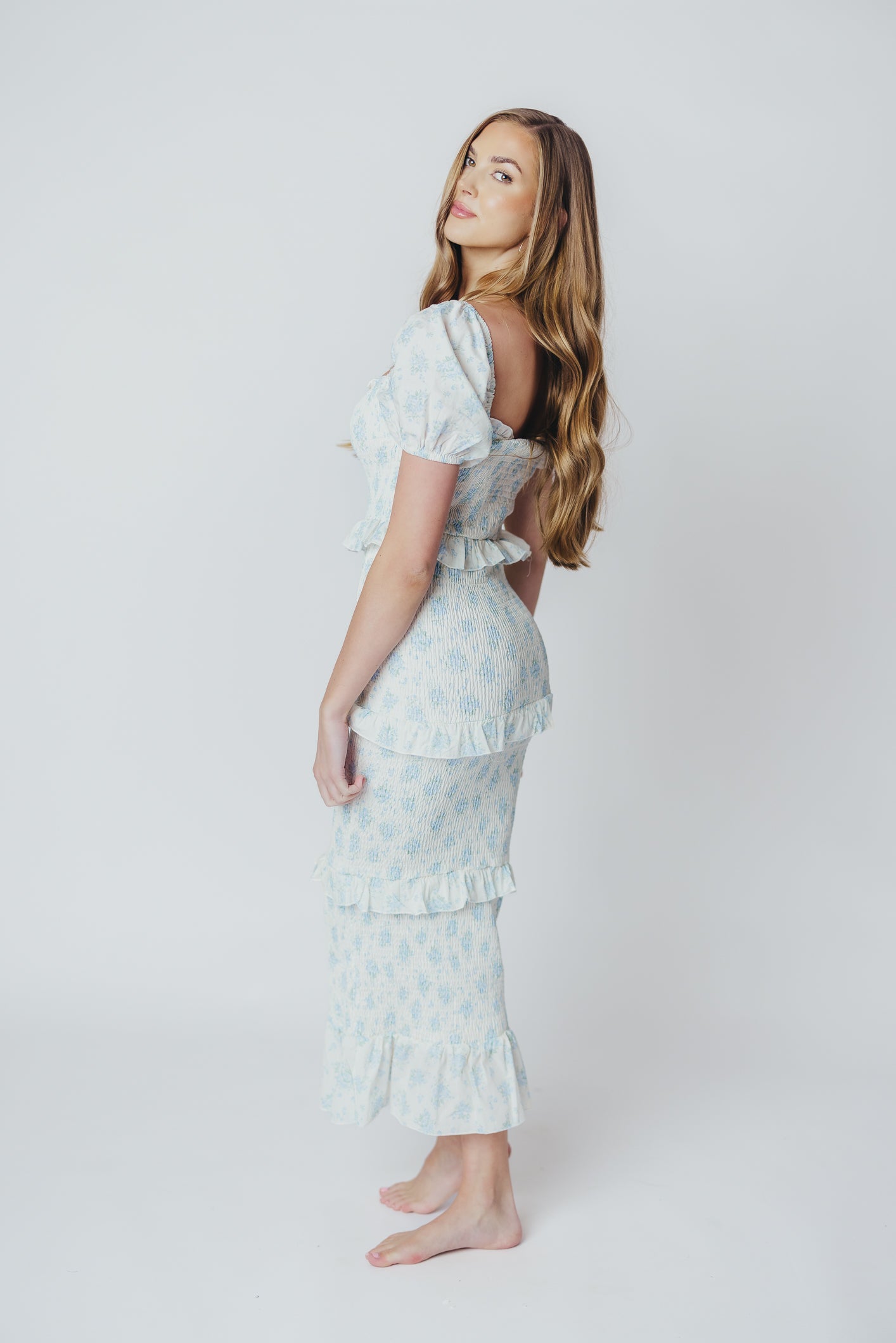 Ada Smocked Dress in Blue Floral- Bump Friendly & Inclusive Sizing (S-3XL)